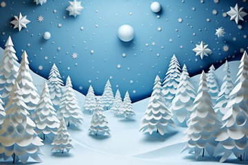 Winter background designed in an origami style, featuring a serene landscape adorned with intricate white and blue origami winter elements. Ai generated