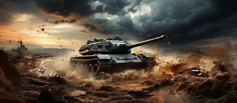 Silhouettes of military fighting under a cloudy sky tanks and armored vehicles fighting against the fog of war background