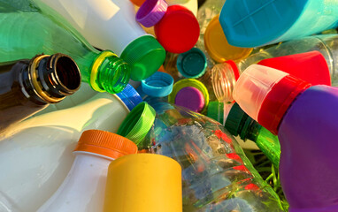 Plastic Recycling. Water bottles and plastic Bottle Caps for Recycling. Plastic recyclable and...