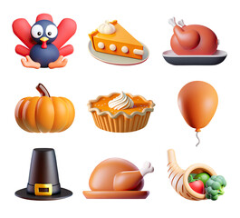 Thanksgiving 3D graphic elements, stickers collection. Thanksgiving symbols and decoration elements. Turkey, pumpkin, pilgrim hat, pumpkin pie and other illustrations collected in big set - obrazy, fototapety, plakaty