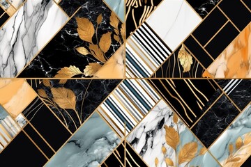 Fond art déco abstrait avec motif géométrique minimaliste, incrustation de mosaïque moderne, texture d'agate de marbre et d'or. IA générative, IA