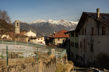 Obraz premium Italian mountain town Breguzzo in alps. Adamello Brenta park in dolomites itlian Alps in Trentino.