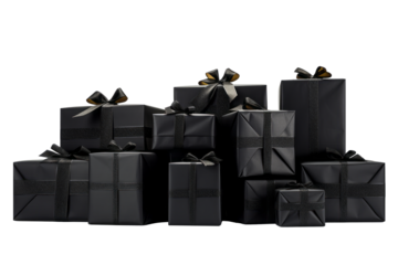 Black wrapped Black Friday presents isolated on transparent background. Generative Ai