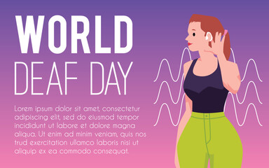 Deaf woman with hearing aid, person has health problems and using medical gadget in ear, World deaf day vector poster