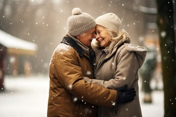 Winter Wonderland Walk Senior Couple Embracing Cold