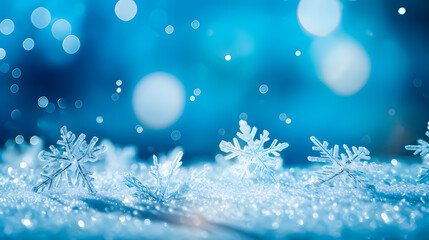 Fototapeta na wymiar Snowflakes falling on a blue background. Christmas atmosphere