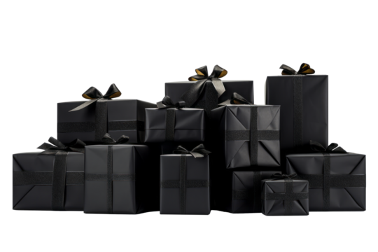 Black wrapped Black Friday presents isolated on transparent background. Generative Ai
