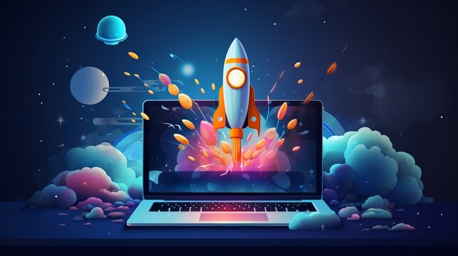 a laptop with a rocket launching out of it