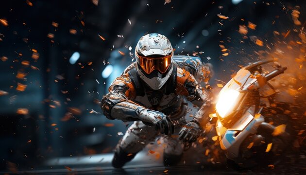 A close-up of the moment of a motorcycle accident in full protective gear, helmet and protectors. Sparks and pieces of the vehicle in the background.