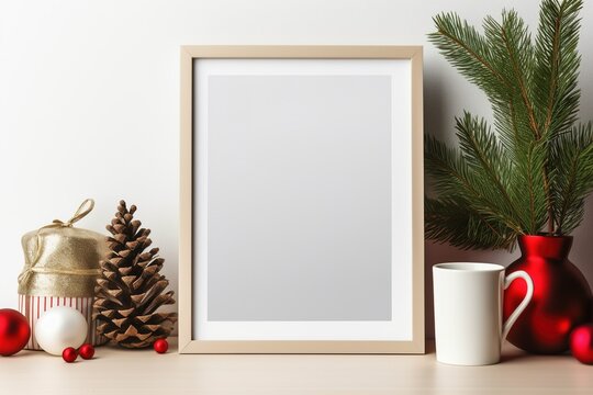 Close up 45 Ratio blank poster mockup, Decorated with christmas items, not covering the picture frame