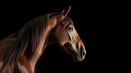  a close up of a horse's head on a black background with a spot in the middle of the horse's head.  generative ai