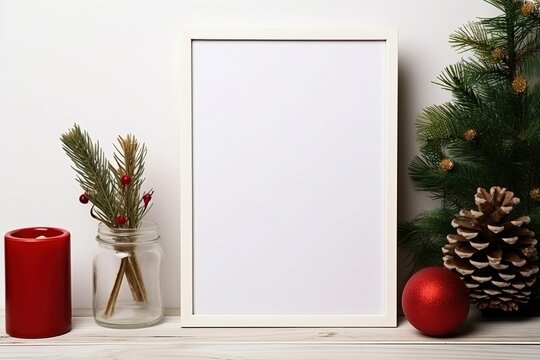 Close Up 45 Ratio Blank Poster Mockup, Decorated With Christmas Items, Not Covering The Picture Frame