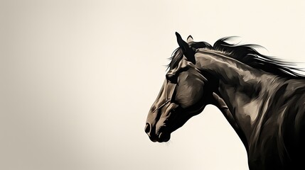  a painting of a horse's head with long hair blowing in the wind on a gray and white background.  generative ai