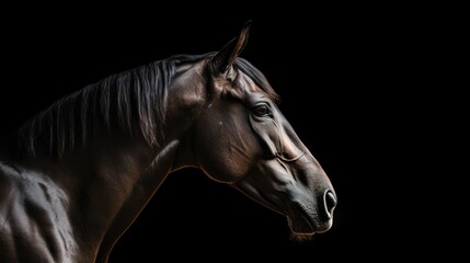  a close up of a horse's head on a black background with a spot light in the middle of the horse's head.  generative ai