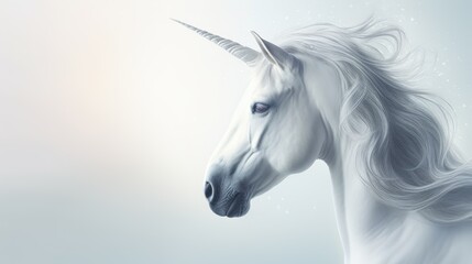  a close up of a white unicorn's head with a long mane and a blue sky in the background.  generative ai