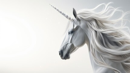  a close up of a white unicorn with a long mane and a blue - eyed look on its face, with long hair blowing in the wind.  generative ai