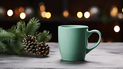 Obraz na płótnie Canvas a green coffee cup sitting on top of a table next to a pine cone and a pine cone on top of a table. generative ai