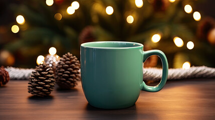  a blue coffee mug sitting on top of a wooden table next to a christmas tree with lights in the background.  generative ai