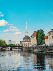 downtown Berlin, view from river Spree at sunset - obrazy, fototapety, plakaty