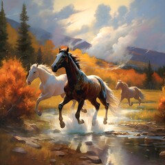 a group of horses running through a stream
