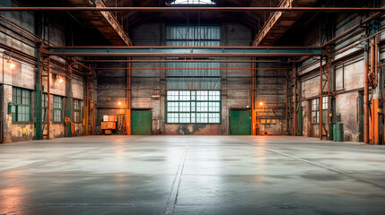 Industrial interior of an old factory or warehouse. Empty warehouse with light coming through openings. - obrazy, fototapety, plakaty