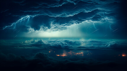 Obraz premium Lightnings in dark cloudy sky during thunderstorm over a night city