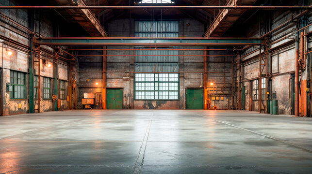 Industrial interior of an old factory or warehouse. Empty warehouse with light coming through openings.