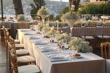 Decorated white wedding table for a festive dinner with pink flowers in brass pots on green lawn...