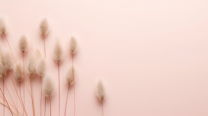 Dried bunny tail grass on pink background. Blush pink and neutral color as aesthetic and minimalism style wallpaper. Natural elements on pastel colored wall with fragile and feminine objects. - obrazy, fototapety, plakaty