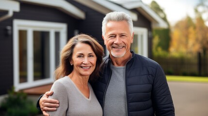 a man and woman standing in front of a house