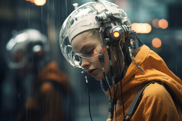 Futuristic portrait of woman in orange jumpsuit and cyber helmet 