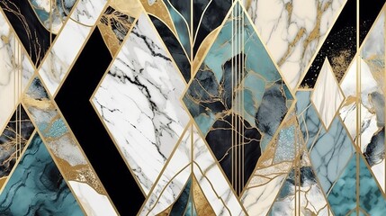 Fototapeta premium Fond art déco abstrait, motif géométrique minimaliste, incrustation de mosaïque moderne, carrelage, texture d'agate de marbre et d'or. IA générative, IA