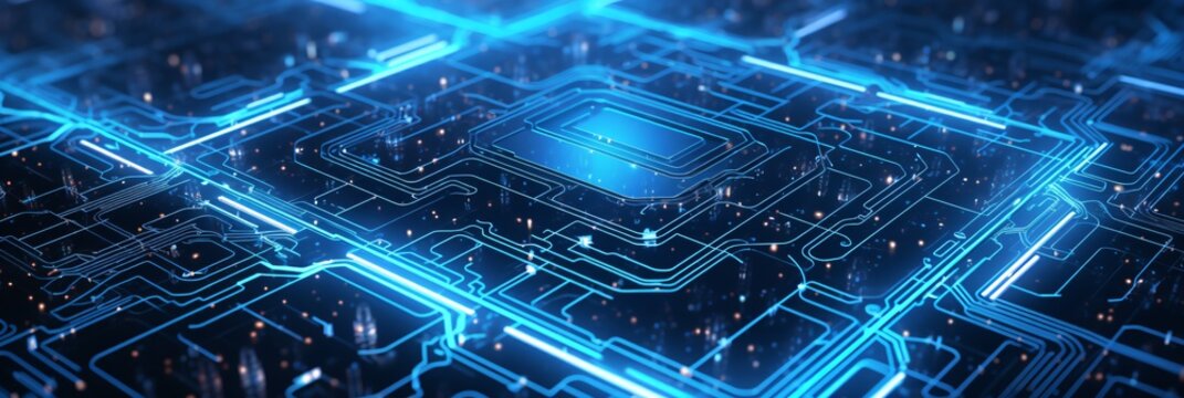 high-tech supercomputer cpu, futuristic technology background with complex shapes, blue glowing circuit board design