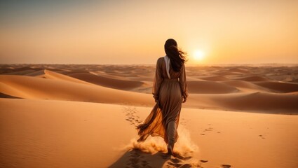 Fototapeta na wymiar A young girl walks in the desert