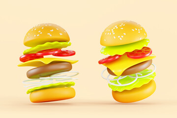 Burger or hamburger fly motion with slice ingredients 3d render icon set. Isolated fast food with bread, sesame, meat, cheese, tomato, salad, onion. Beef cheeseburger, cartoon design. 3D illustration