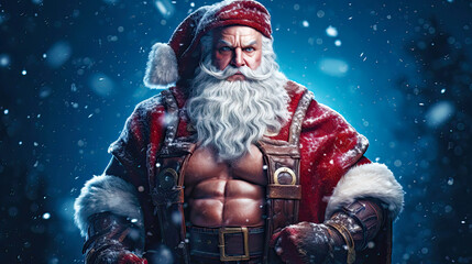 Muscular Santa Claus as super powered Xmas hero. Postproducted generative AI illustration. - obrazy, fototapety, plakaty