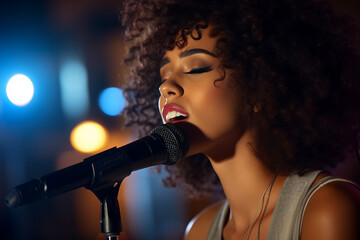 Generative ai modern technology portrait of person on stage using microphone singing song pub bar club