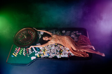 Top photo of stunning cgic lady croupier in private party poker club invite turn fortune wheel for...