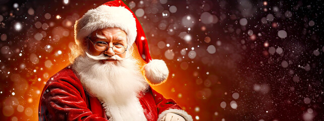 Xmas Santa Claus on a red background with blurred snowfall. Postproducted generative AI illustration.