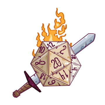 Cartoon dice for fantasy dnd and rpg Board game. Outline cartoon with medieval sword, magic fire