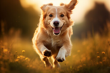 Happy Cute Cat Dog running through grass countryside nature Generative AI picture