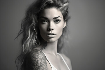 Black white gamma picture of beautiful woman with tattoo on her body created with generative AI technology - Powered by Adobe