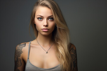 Generative ai photo of lovely girl with beatiful tattoo on her body isolated on dark background