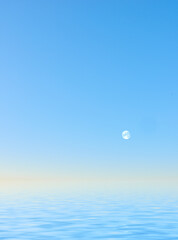 Obraz premium Seascape of blue ocean water on the west coast of Jutland in Loekken, Denmark. Moon rising over the horizon on an empty sea at dusk in the evening with copyspace. Scenic view of calm, harmony and zen