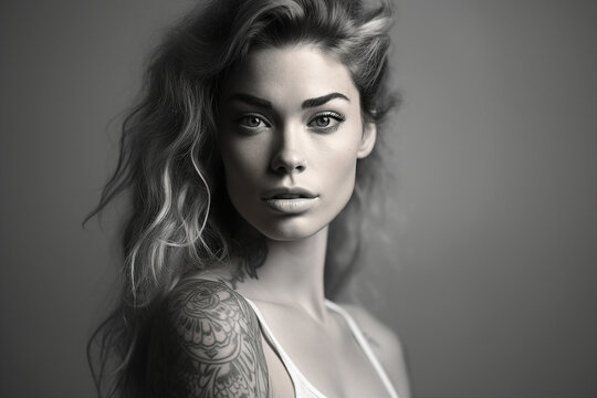 Black white gamma picture of beautiful woman with tattoo on her body created with generative AI technology