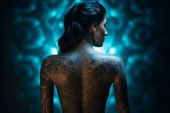 Generative ai rear view photo of lovely girl with beatiful tattoo on her body