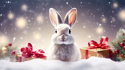 Little bunny sitting at snow with christmas gifts around. Postproducted generative AI illustration.	
