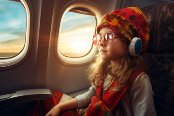 Little kid sitting inside plane first flight dreamy face looking illuminator Generative AI - obrazy, fototapety, plakaty