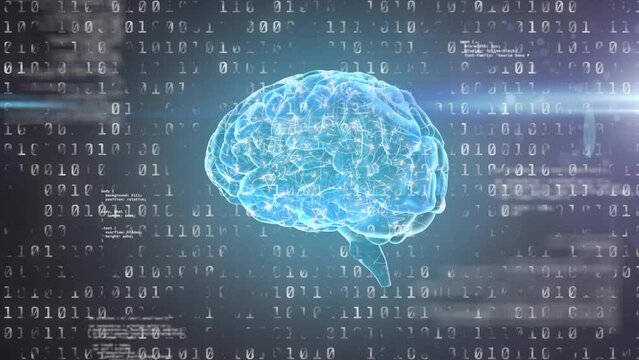 Animation of blue light trails over spinning human brain and binary coding against grey background