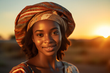 Generative AI picture portrait of amazing african american ethnicity woman wearing tribe costume over sunset background